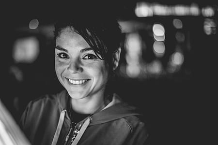 grayscale photography of woman smiling thumbnail