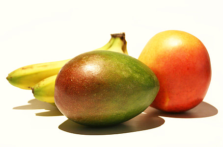 banana, avocado, and apple on white surface thumbnail