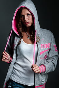 woman in gray and pink zip-up hoodie thumbnail