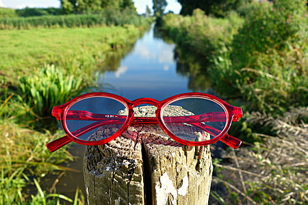 red framed eyeglasses on wooden trunk thumbnail