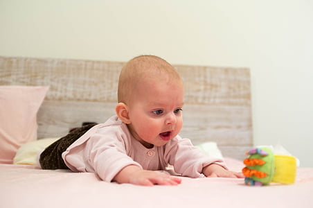 baby in front of plush toy on bedspread thumbnail