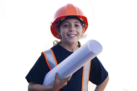 girl holding white blueprint and wearing orange hardhat thumbnail