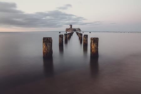 wooden posts on body of water thumbnail