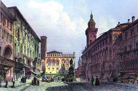 Piazza del Nettuno in 1855, looking towards Piazza Maggiore, Italy thumbnail