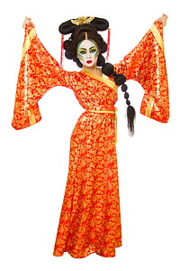 woman in red and gold dress wearing dress thumbnail