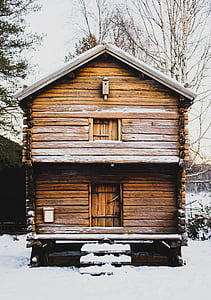 brown wooden house on snow covered field thumbnail