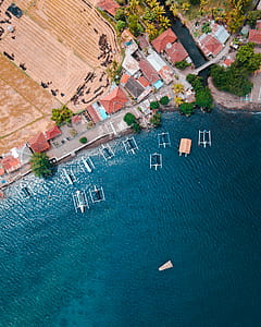 Aerial Photography of Houses Near Body of Water With Boat thumbnail