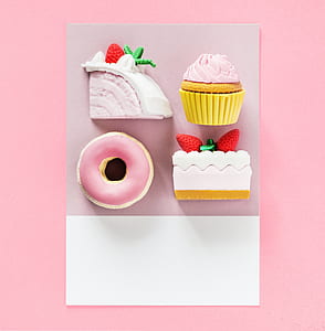doughnut beside cake and cupcake on brown paper thumbnail