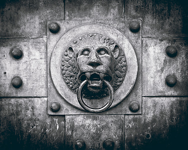 grayscale photo of lion gate knocker thumbnail