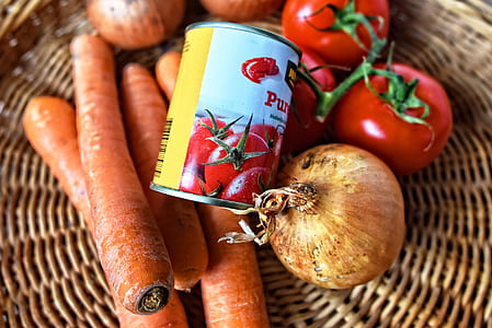 flat lay photography of vegetables with can on basket thumbnail