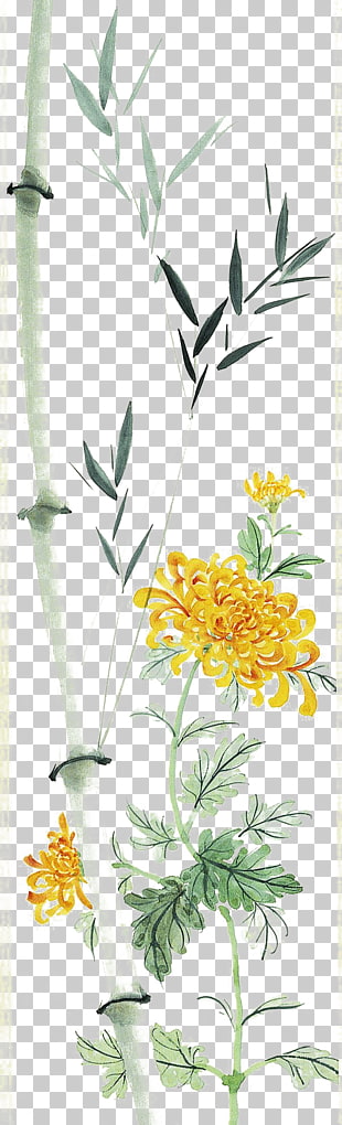 Chrysanthemum Bamboo Chinese painting Leaf, Bamboo leaves and chrysanthemums, yellow petaled flower sketch PNG clipart