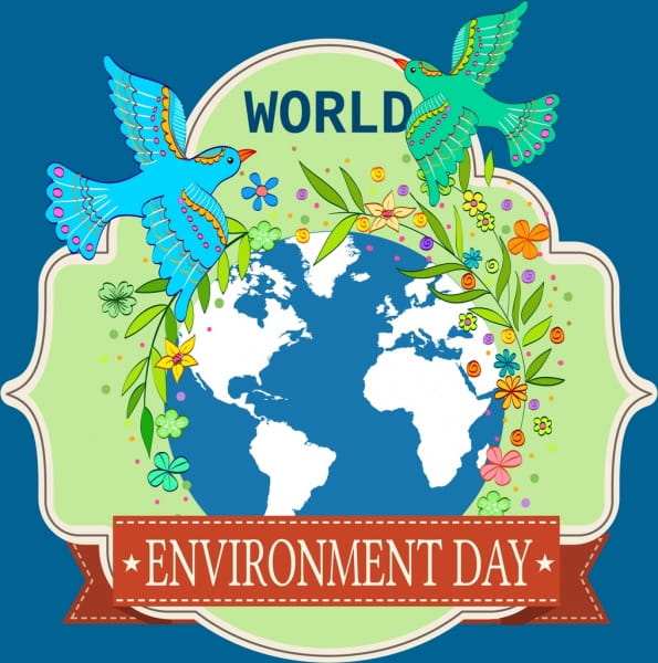 Environment Day Banner Pigeon Globe Icons Flowers Decor Eps Ai