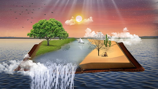trees, river, clouds, and sun illustration thumbnail