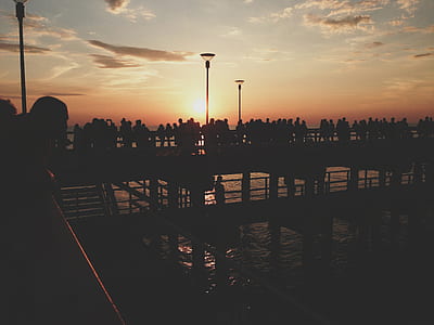 silhouette of people standing on bridge during golden hour thumbnail
