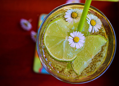liquid on clear glass cup with lime and flower petals beside straw on green coaster thumbnail