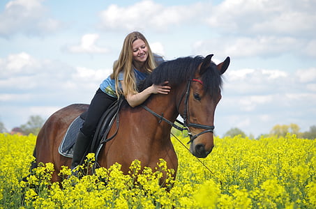 woman riding horse on flower field thumbnail