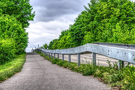 high-saturation photography of gray pavement road beside two green trees under nimbus clouds thumbnail