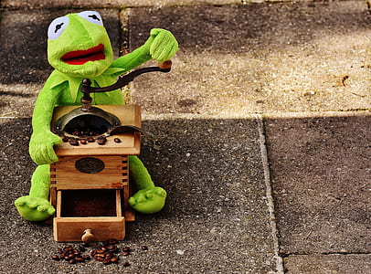 Kermit the Frog holding coffee press on stone surface thumbnail