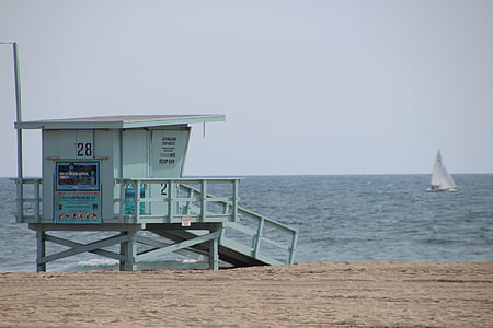 teal wooden lifeguard house on seashore thumbnail