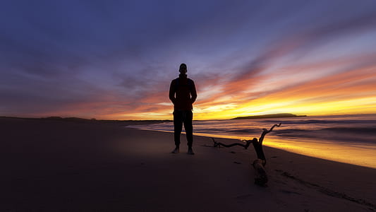 silhouette of person standing beside seashore during sunset thumbnail