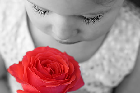 selective color photo of girl smelling rose thumbnail