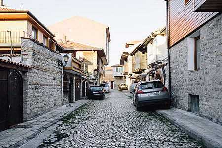 Narrow streets with old houses in the old town Nessebar, Bulgaria thumbnail