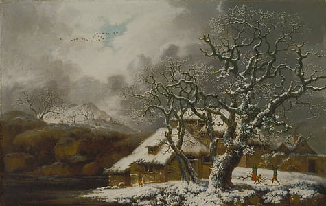 brown tree covered with snow beside house painting thumbnail
