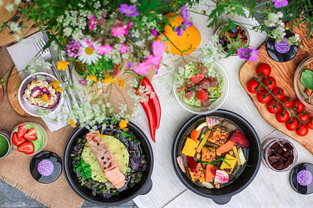 assorted food on top of white tiles thumbnail