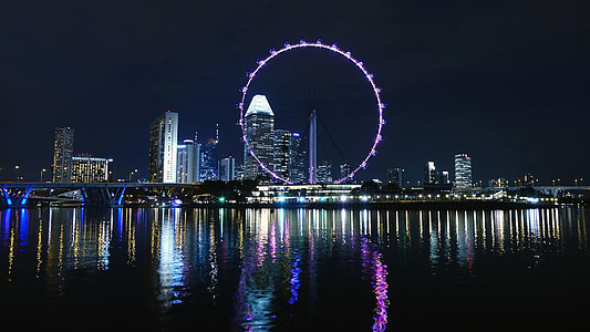 purple ferris wheel near body of water during night time thumbnail