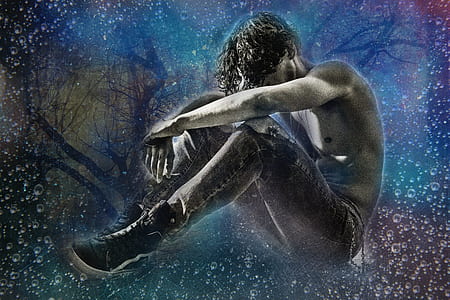 man wearing gray denim jeans sitting on stars thumbnail