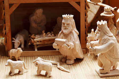 white Nativity scene wood curve figurines thumbnail