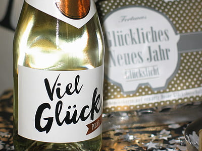 Viel Gluck wine bottle on brown table thumbnail