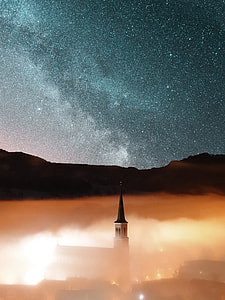 white, black tower, starry sky, church thumbnail