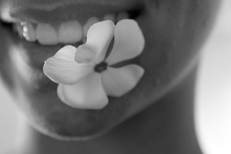 grayscale photo of periwinkle flower biting by human thumbnail