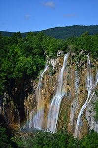 falls beside green trees during daytime thumbnail