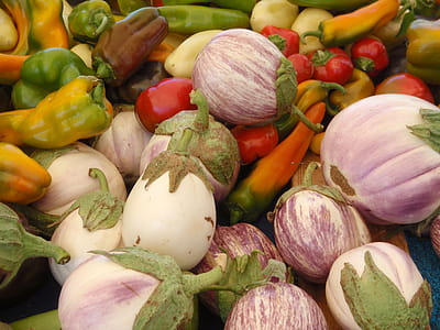Colorful Eggplants and peppers on display at a farmers market in San Francisco, California thumbnail