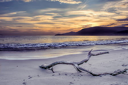 Body of Water Near Mountain Under Gray Sky at Golden Hour thumbnail
