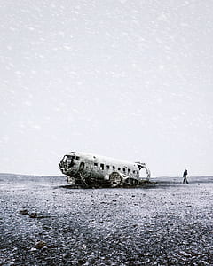 grayscale photo of wreck air plane thumbnail