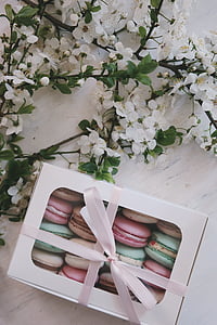 macarons in box in white petaled flowers on table thumbnail