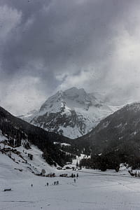 snow capped mountains near trees thumbnail