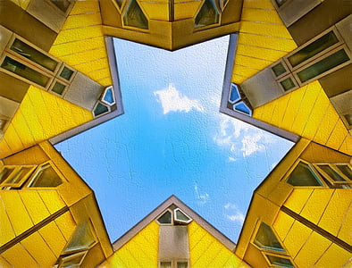 worm's-eye view of yellow houses under clear blue sky thumbnail