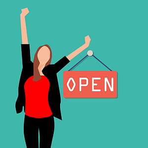 Illustration of victorious woman and open retail store sign thumbnail