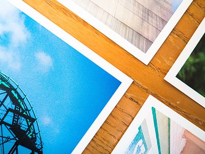 Photos, Desk, paper, prints, rollercoaster, wood thumbnail