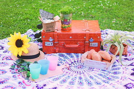 three pink, blue, and green plastic cups near red leather suitcase, sunhat, and artificial sunflower thumbnail