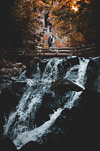 landscape photography of waterfalls beside brown wooden bridge thumbnail