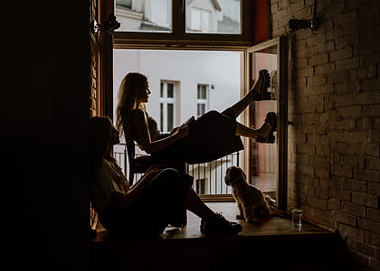 two woman sitting beside window pane with long-coated puppy during daytime thumbnail