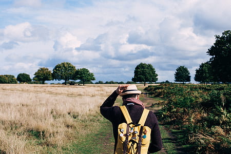 man standing on field overlooking trees under cloudy sky at daytime thumbnail