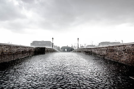grayscale photo of gray concrete bridge thumbnail