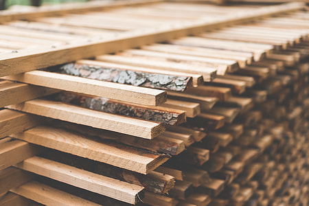 Freshly Cut Wood Stacked for Lumber Air Drying Close Up thumbnail