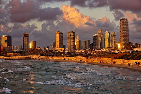 sea shore near city buildings under cloudy sky thumbnail